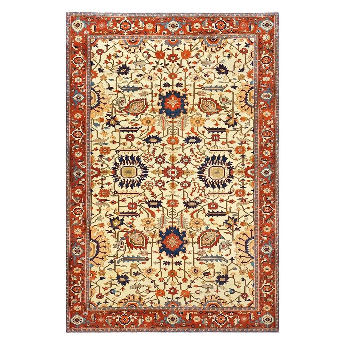 Persian Serapi 1141228: Persian Serapi 7×11 Ivory, Rust, & Blue Antique Recreation Handmade Area Rug Actual size: 7’5″x11’3″