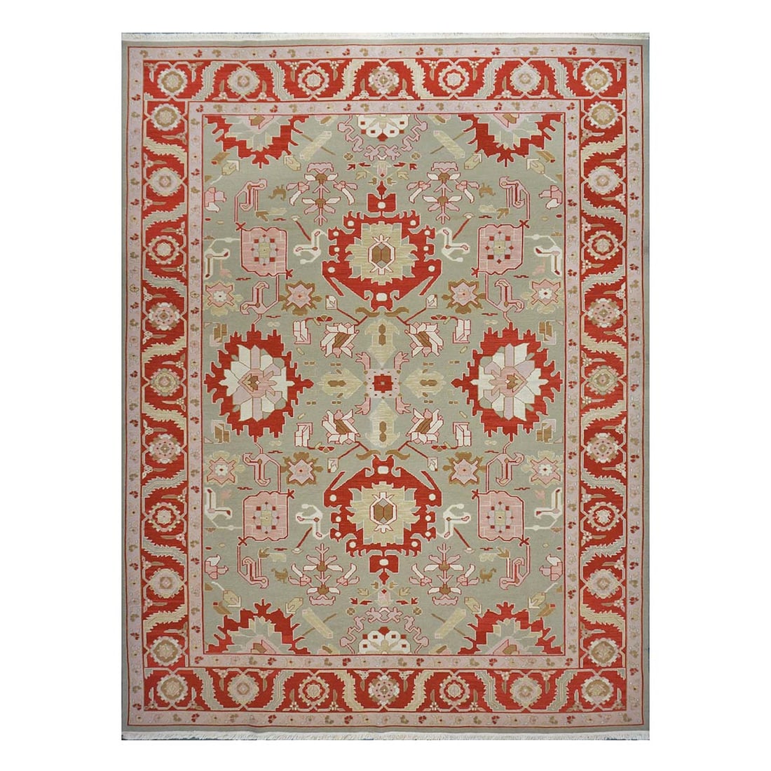 sumak sultanabad rug 1144277: handmade sumak sultanabad rug DESIGN:all over motif backgraund:light green border:rust SIZE:9x11.11