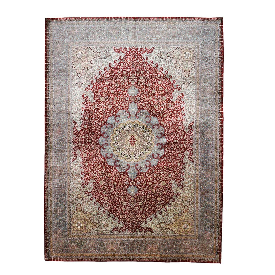 Vintage Kashmiri 1144057: Vintage Kashmiri All Silk Red 9×12 Handmade Area Rug Color: Red, Light Blue, White, Salmon, Peach, Green, Ivory, BlueActual size: 9′ x 12′