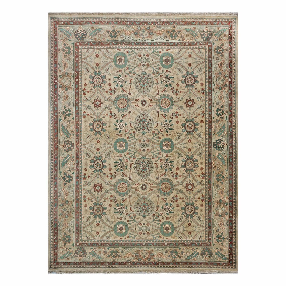 sino oushak rug 1144760: handmade sino oushak rug DESIGN:all over motif backgraund:tan border:cream SIZE9x12