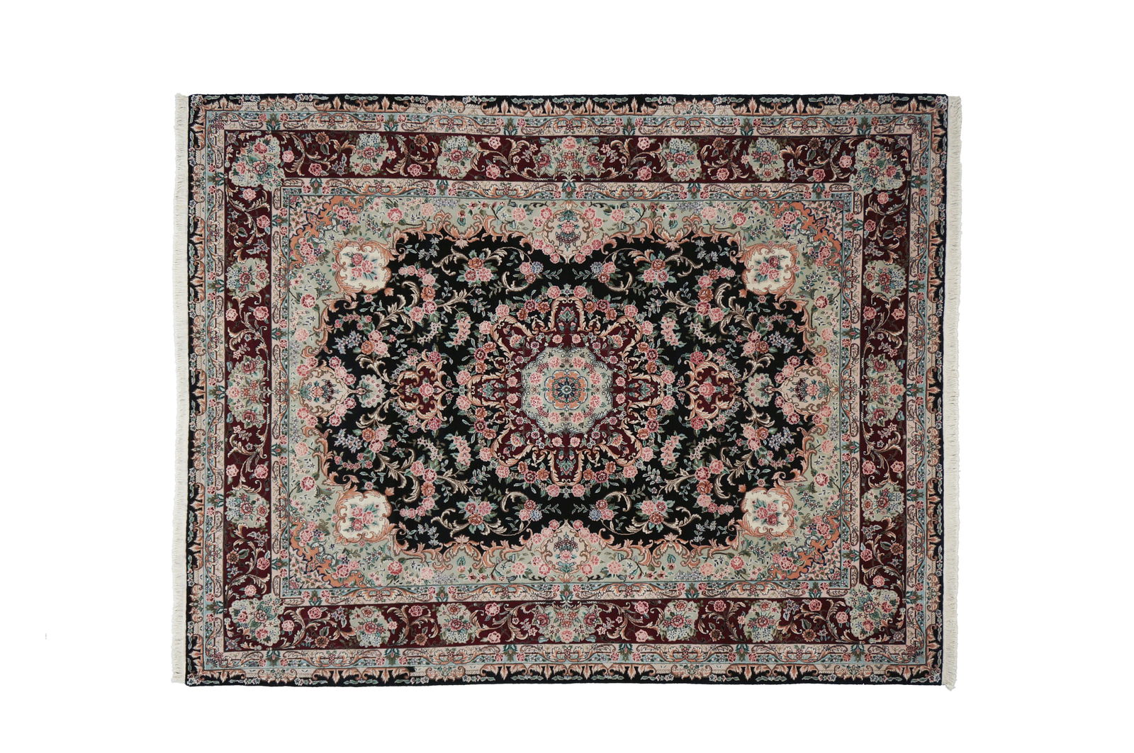 persian tabriz rug 1144233: handmade persian tabriz rug DESIGN: Medallion backgraund:black border:red SIZE 7.11X10.3