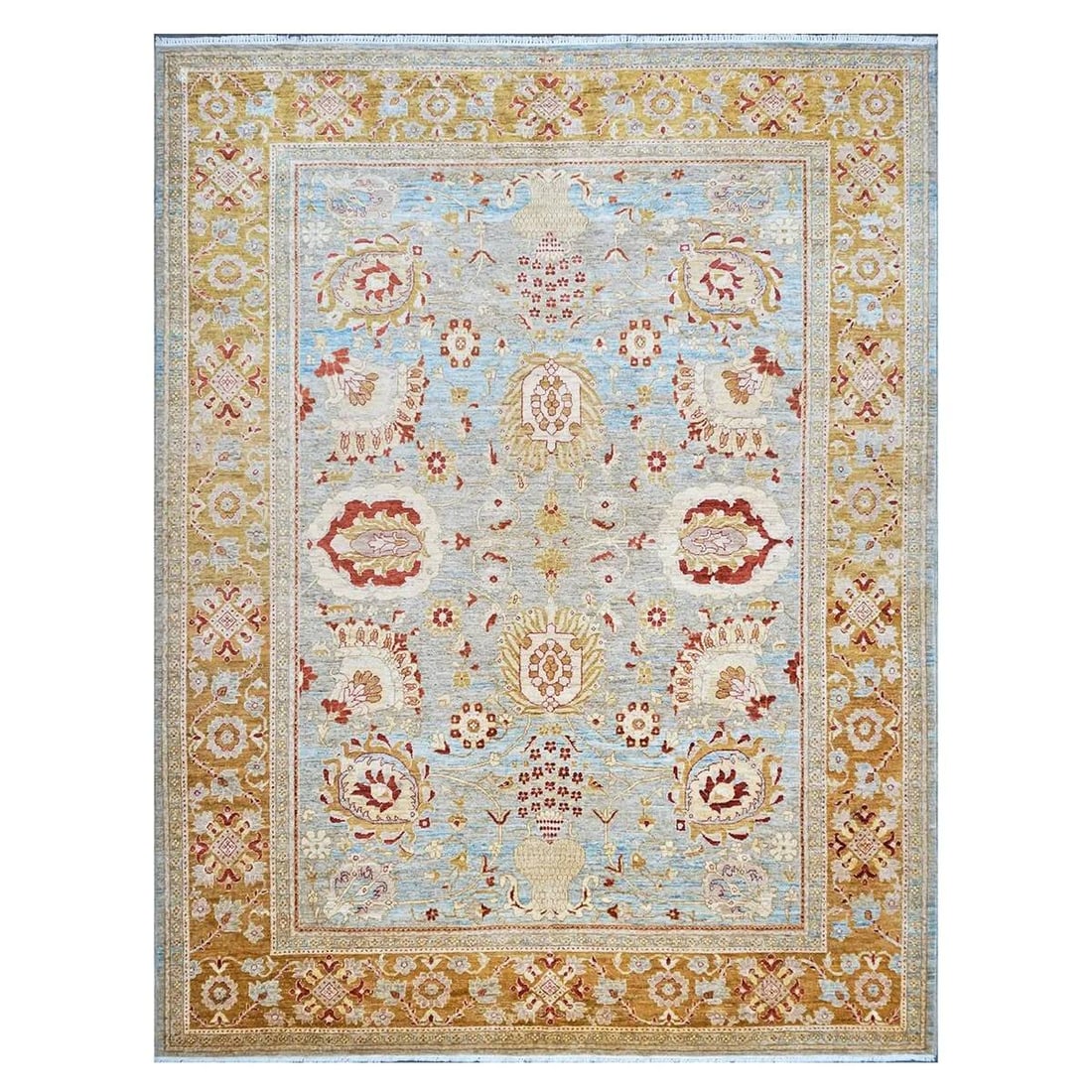 Afghan Oushak 1144045: 21st Century Afghan Oushak 9×12 Blue & Gold Handmade Area Rug Content: Wool Actual Size: 9’3″ X 11’10”