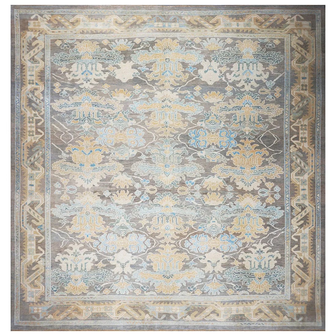 Turkish Donegal1140522: 21st Century Turkish Donegal 12×12 Taupe and Blue Square Area Rug Content: Hemp and Wool Actual Size: 12 X 12.2