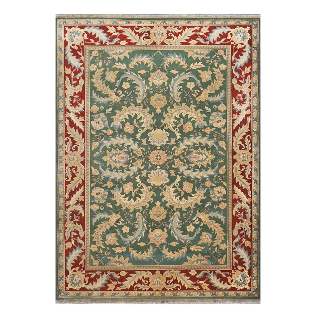 sino oushak rug 1144763: handmade sino oushak rug DESIGN:all over motif backgraund:green border:red SIZE 8.4x11.5