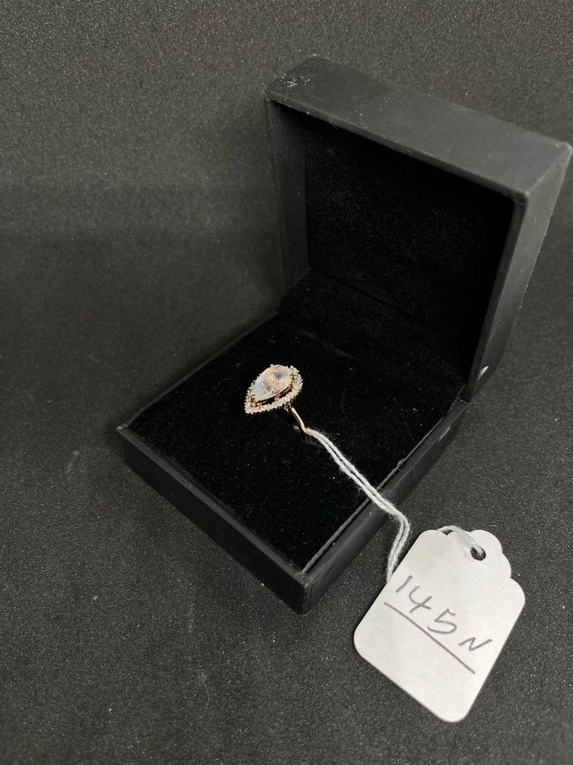 YELLOW GOLD RING: 14K YELLOW GOLD PEAR SHAPE NATURAL MOONSTONE RING WITH DIAMOND ONSIDE SIZE 6 2.50CTTW DIAMONDS& MOONSTONE