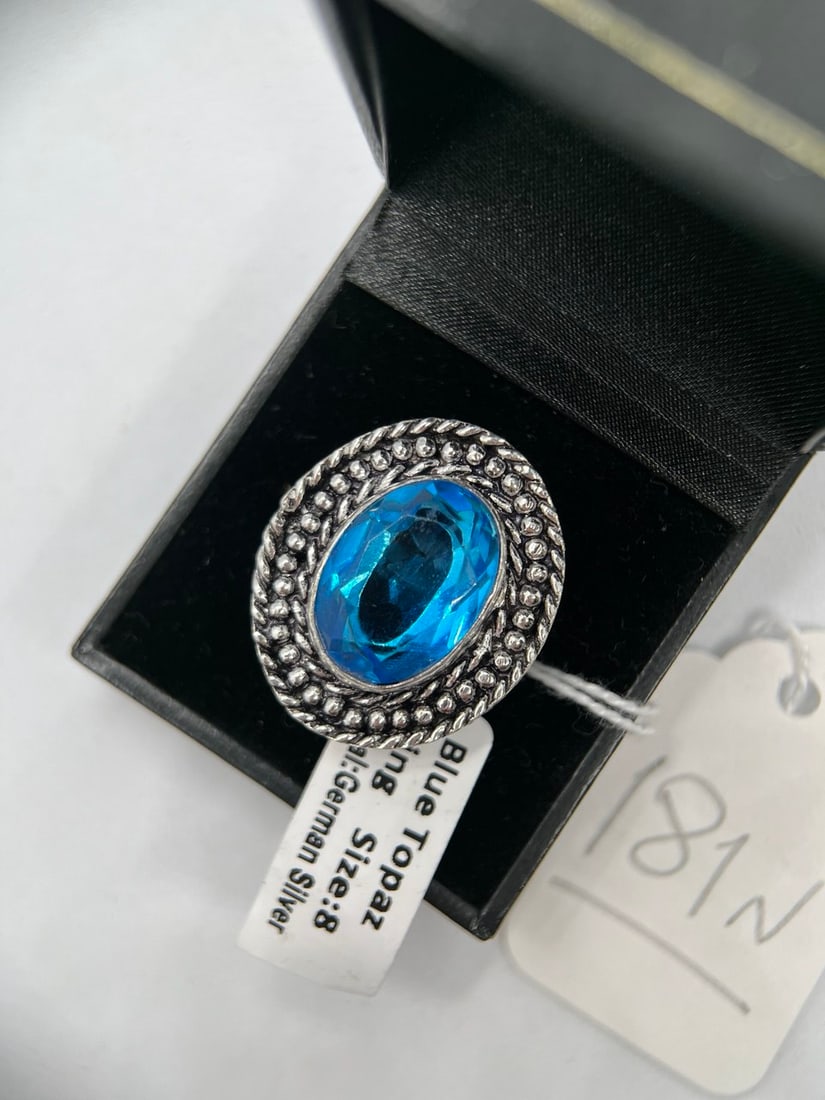 BLUE TOPAZ STONE SILVER RING: BLUE TOPAZ STONE SILVER RING SIZE:8 METAL:GERMAN SILVER