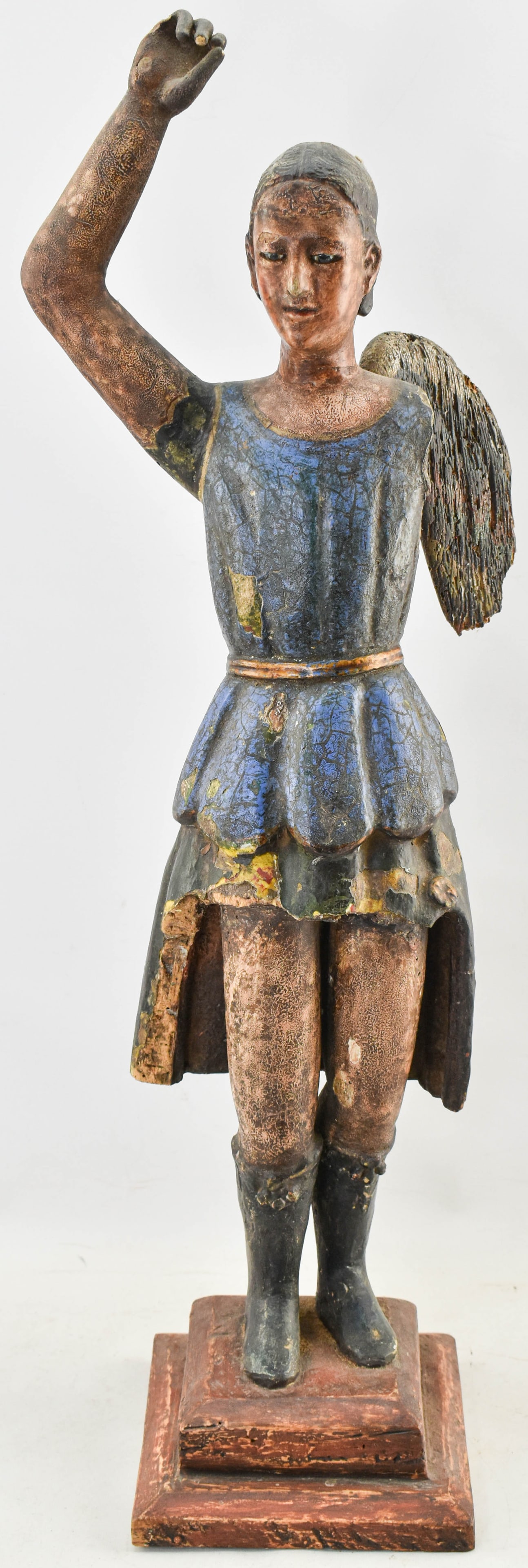 Antique Archangel Michael Santo Wood Folk Statue: 31" x 11" x 6". Beautiful Spanish Colonial antique Saint Michael the Archangel carved and painted wooden Catholic folk sculpture/statue with glass eyes. Possibly 18th-19th century though may date to e