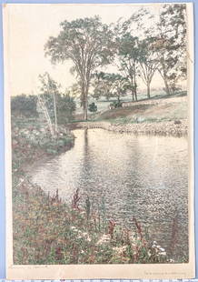 Wallace Nutting Summer Wind Photograph: 28 1/2"H x 19 1/2"W. Wallace Nutting (American 1861-1941). Hand tinted original photograph titled "Summer Wind" circa 1909 depicting a serene scene of a flowing river. Signed on mat on lower right and