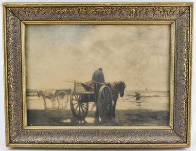 After W F Ritschel Horse Cart & Clam Digger Litho: 26.5" x 34.25". Framed lithograph after William Frederick Ritschel's watercolor depicting a man on a horse cart on a beach in the foreground and a man digging for clams in the water in the background.