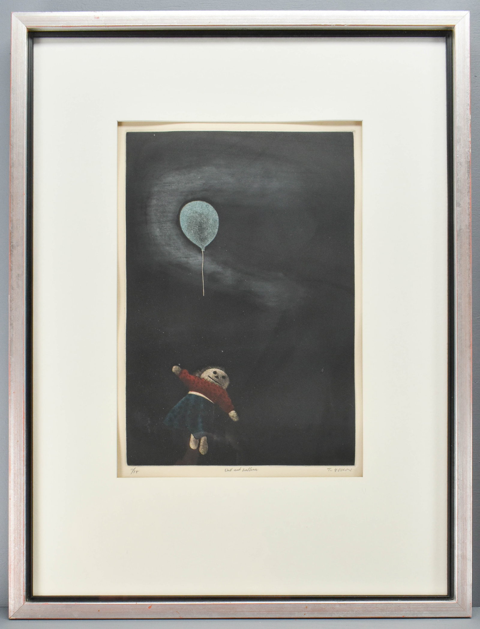 Tomoe Yokoi Doll and Balloon Signed Print: Framed print signed in pencil lower right by Tomoe Yokoi and titled center ÒDoll and Balloon,Ó depicting a floating balloon with a doll falling below among a black background.