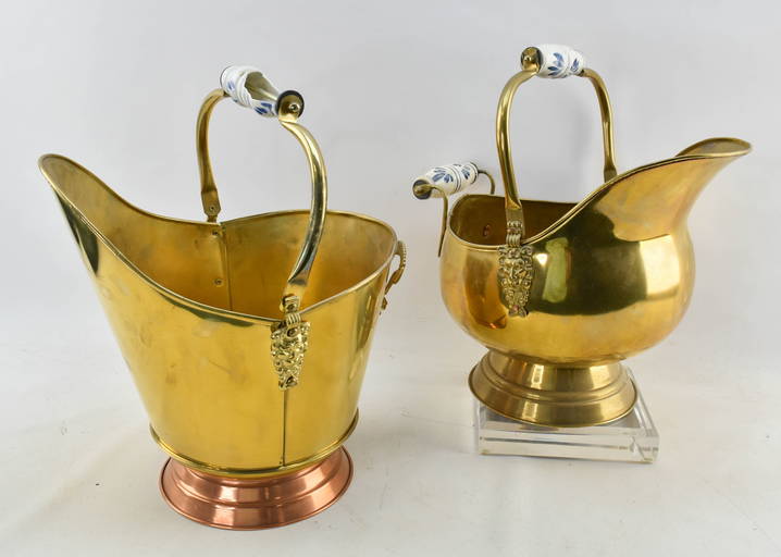 Pair Of Dutch Brass Coal Scuttles With Porcelain Handles