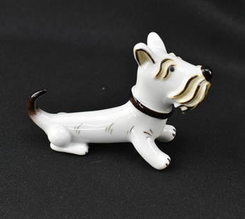 1920s Art Deco Metzler & Orloff Scottish Terrier Porcelain Figurine: Art deco Scottish terrier porcelain figurine from Metzler & Orloff Germany. Designed by Walter Bosse c. 1920. Hand painted. Marked on underside.