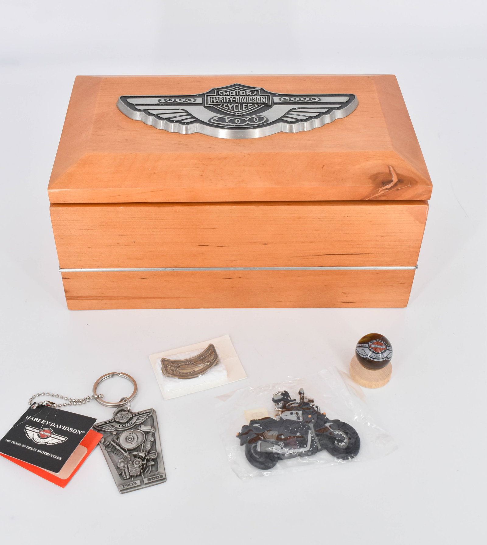 Harley Davidson 100 Years Hallmark Wooden Box w/ Keychains & Collectibles (1 of 9)