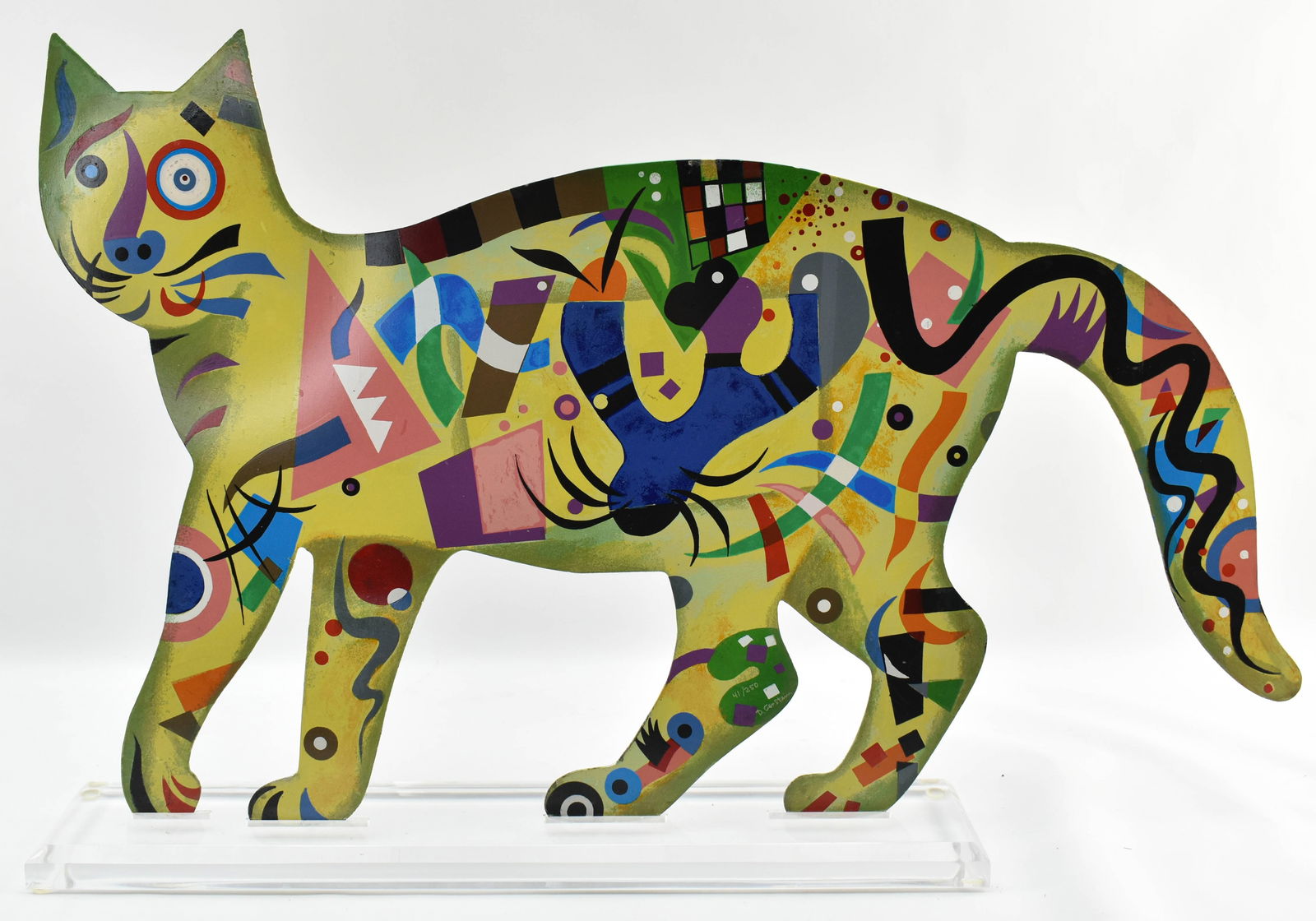 David Gerstein, Signed Lmtd Ed Pop Art Cat Metal Sculpture: Metal pop art cat sculpture on acrylic or lucite base with a double-sided design, featuring colorful abstract shapes on one side and comic book style halftone art on the other. Etched signature on hin