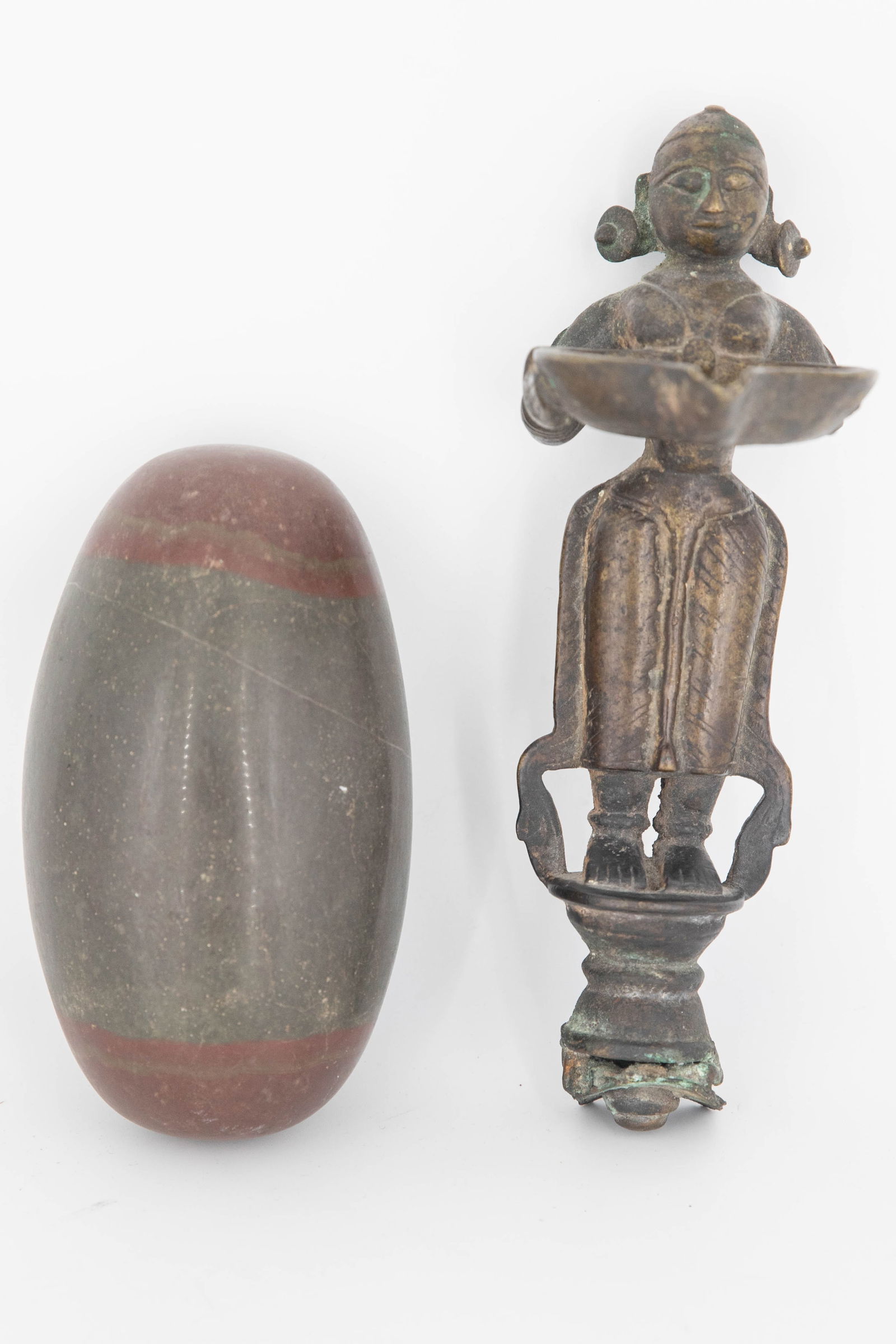 Antique Bronze Hindu Lakshmi Diya Oil Lamp & Shiva Lingam Stone (1 of 8)