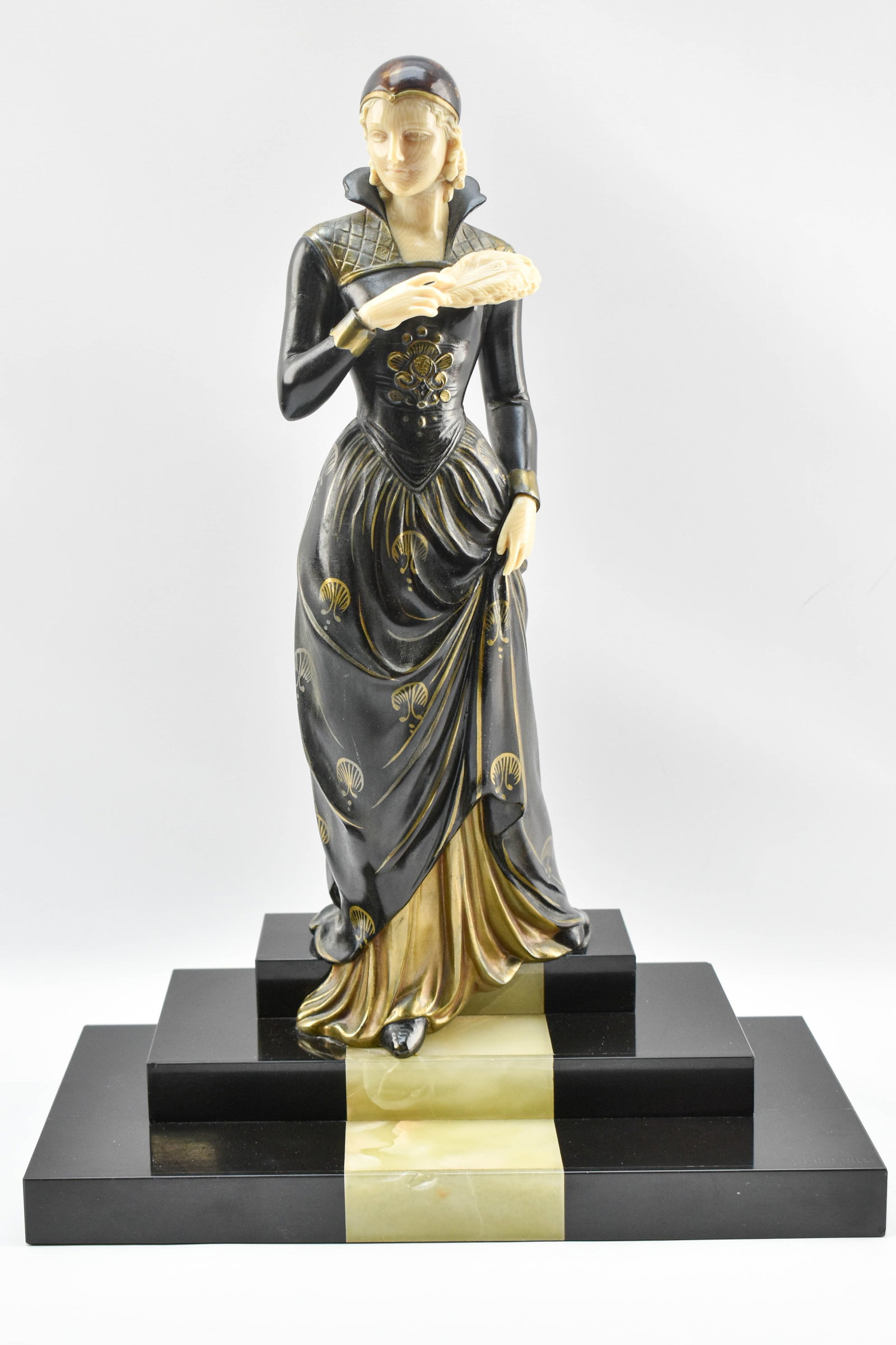 Mary Queen of Scots Sculpture by Menneville: Stunning antique art deco sculpture, likely depicting Mary Queen of Scots on the way to her coronation, made from ivorine (faux ivory) and hand-painted French bronze or spelter and positioned atop an 
