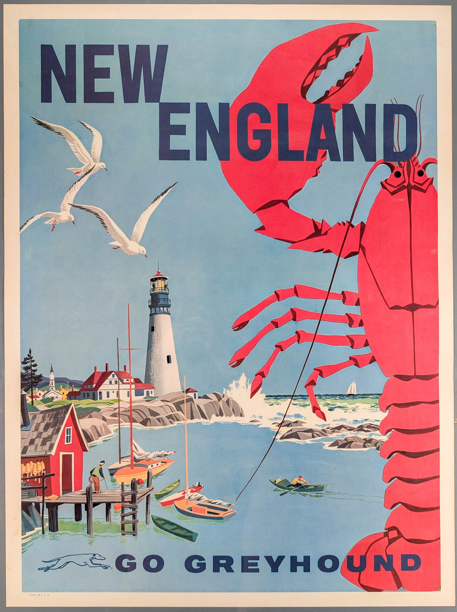 Vintage Original New England Greyhound Bus Travel Poster (1 of 9)