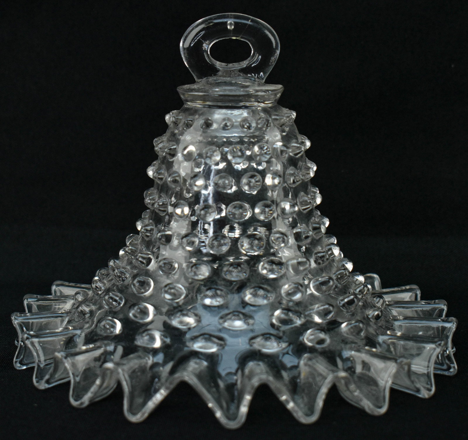 Vintage Hobnail Oil Lamp Smoke Bell: Vintage clear glass smoke bell for oil lamp with ruffled edge and hobnail design.
