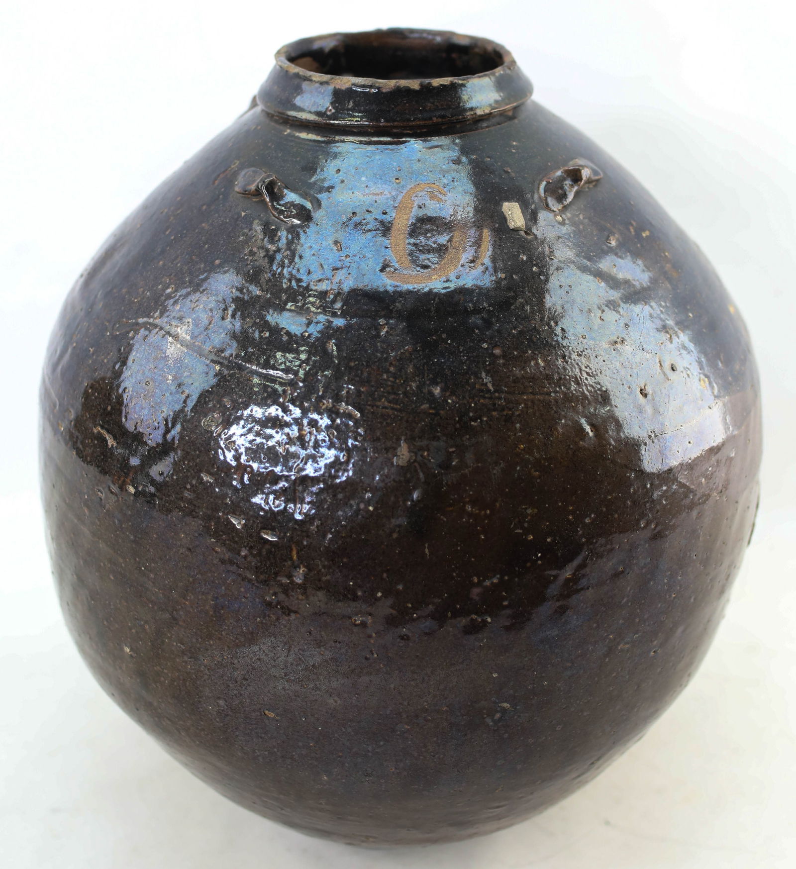 Antique Southeast Asian Martaban Spice Jar 3: Antique clay Martaban glazed ceramic spice jar from Southeast Asia. These vessels are typically from Myanmar (Burma), though similar vessels exist in other countries in the region. Antique, likely 16t