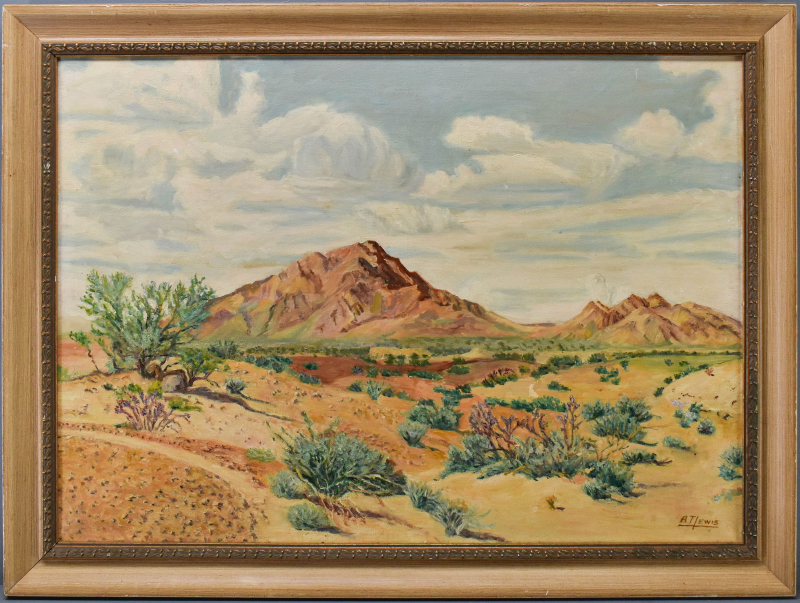 Adelaide T Lewis, Desert Landscape with Mountains Painting: Original oil painting on canvas depicting a desert landscape with mountains in the distance by Adelaide T Lewis, signed A T Lewis in the lower right. Framed, not behind glass.