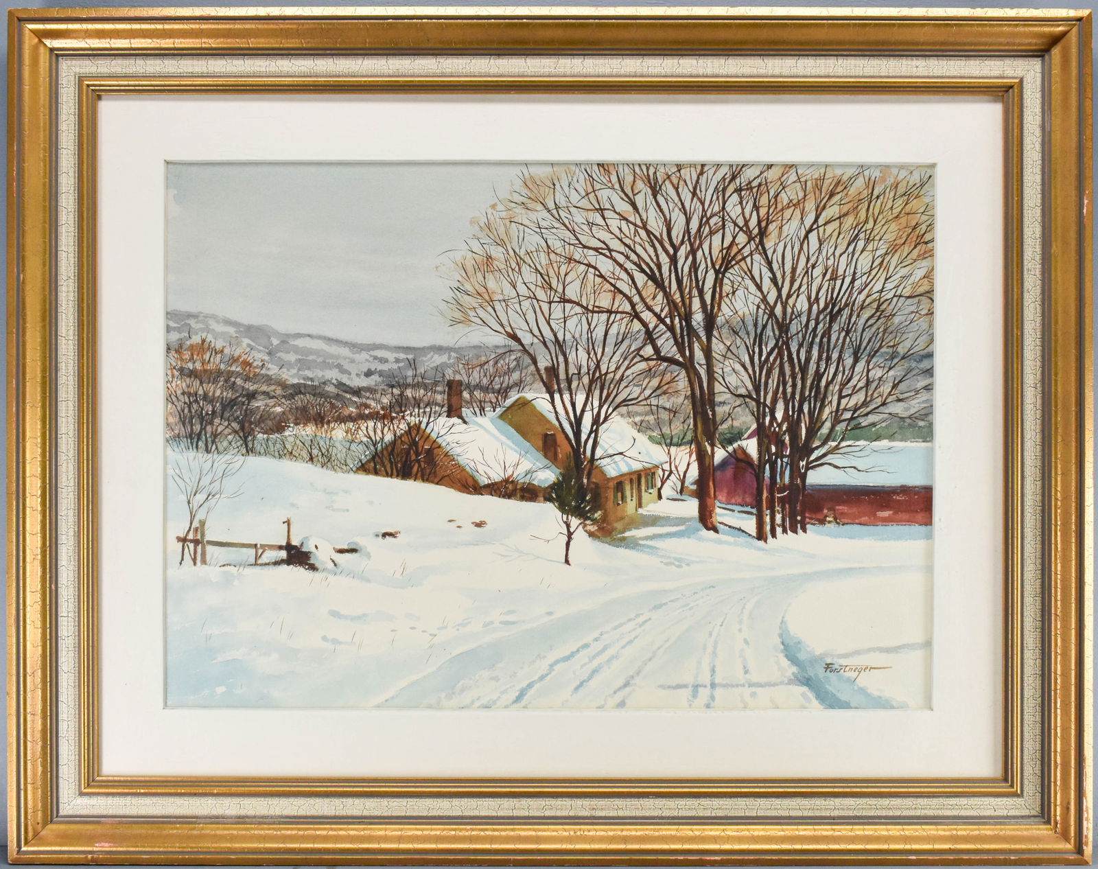 Framed Winter Scene Watercolor Signed Forstneger (1 of 6)