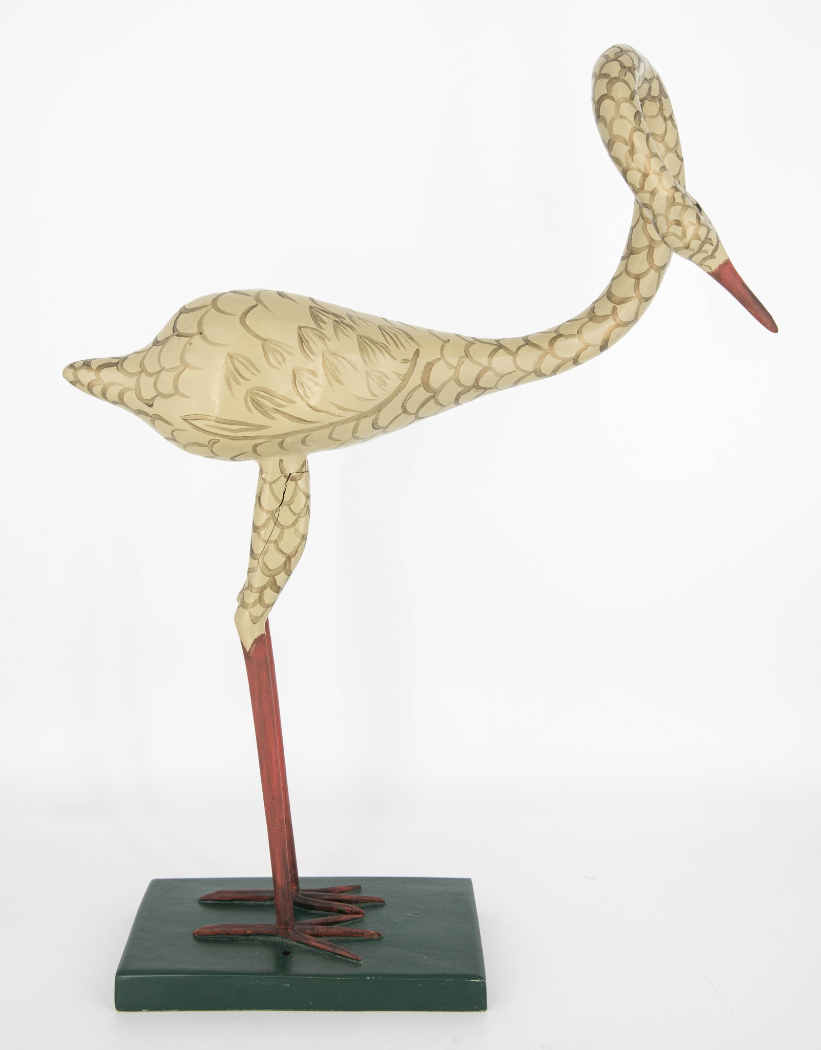 Museum Repro. of Mexican Folk Art Crane: Reproduction of a folk art crane from Olinalá, Guerrero, Mexico kept in the San Antonio Museum of Art . Original is made of a gourd, wood, paint, and lacquer, this one is of similar make but likely i