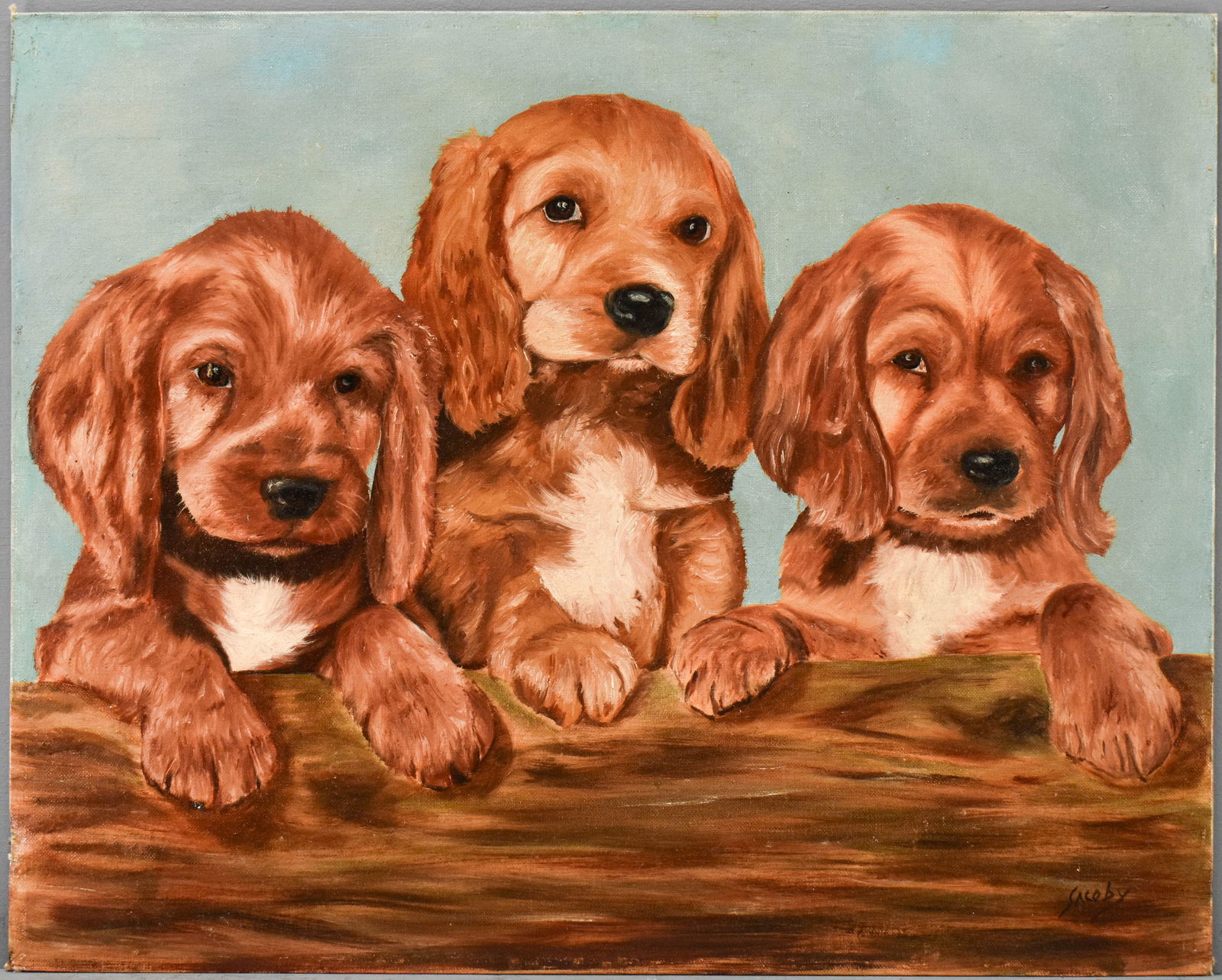 Painting of Cocker Spaniel Puppies, Signed Sacoby (1 of 6)