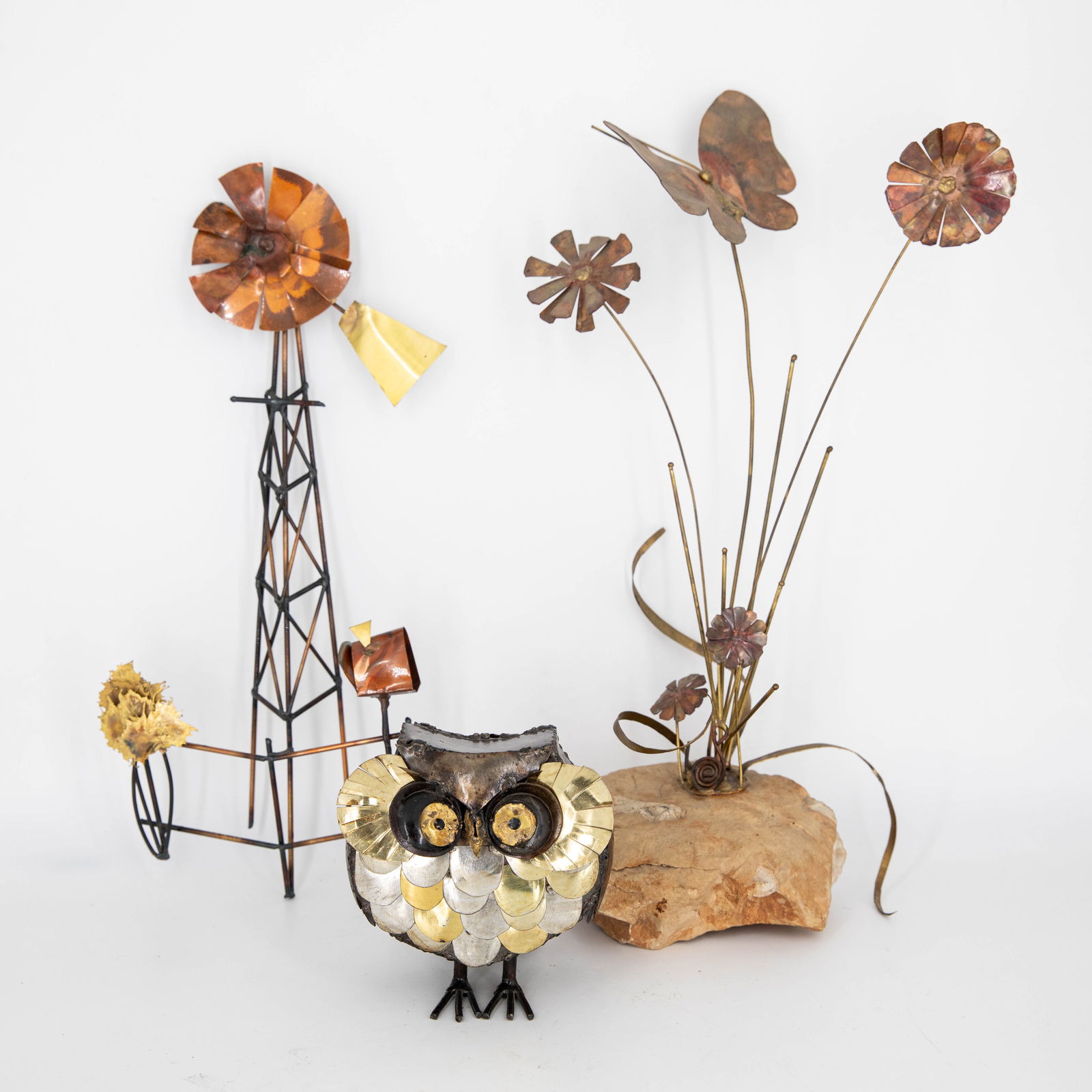 3 Recycled Mixed Metal Flower, Owl, & Windmill Sculptures (1 of 9)