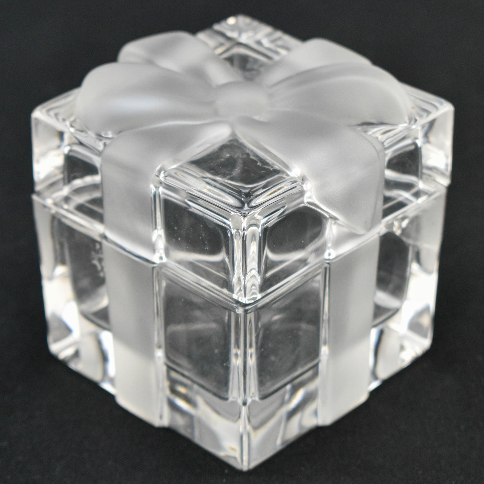 Tiffany & Co Gift Crystal Gift Box, Repaired Crack: Tiffany & Co clear crystal gift box with frosted crystal bow. Packaged in TIffany & Co box, marked on bottom.