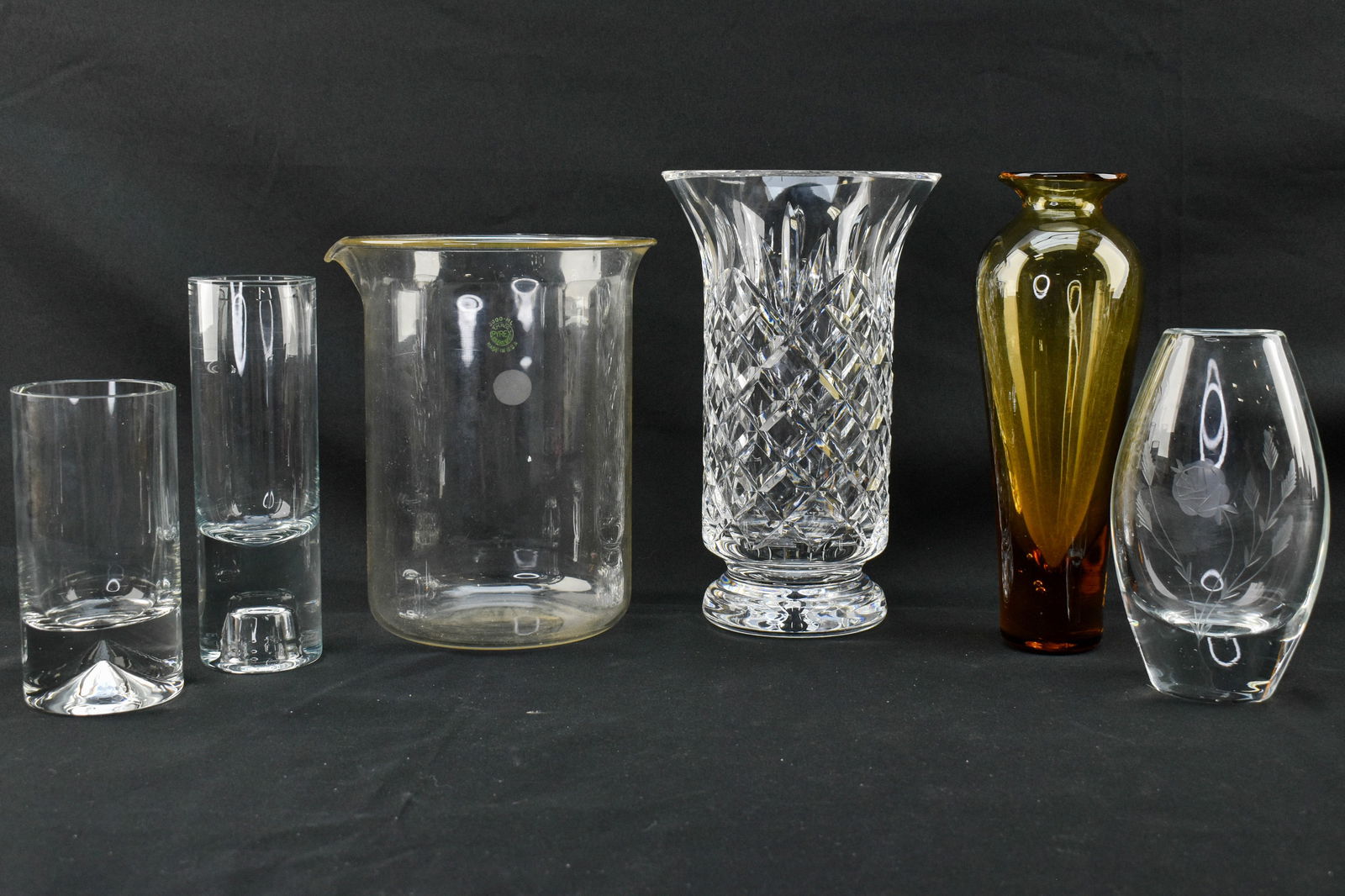 Blenko Amber Vase, Pyrex Beaker, Four Other Crystal & Glass Vases: Six crystal and glass vases and vessels, including an amber glass Blenko hand blown vase, a large vintage Pyrex beaker, a large cut crystal vase, and three