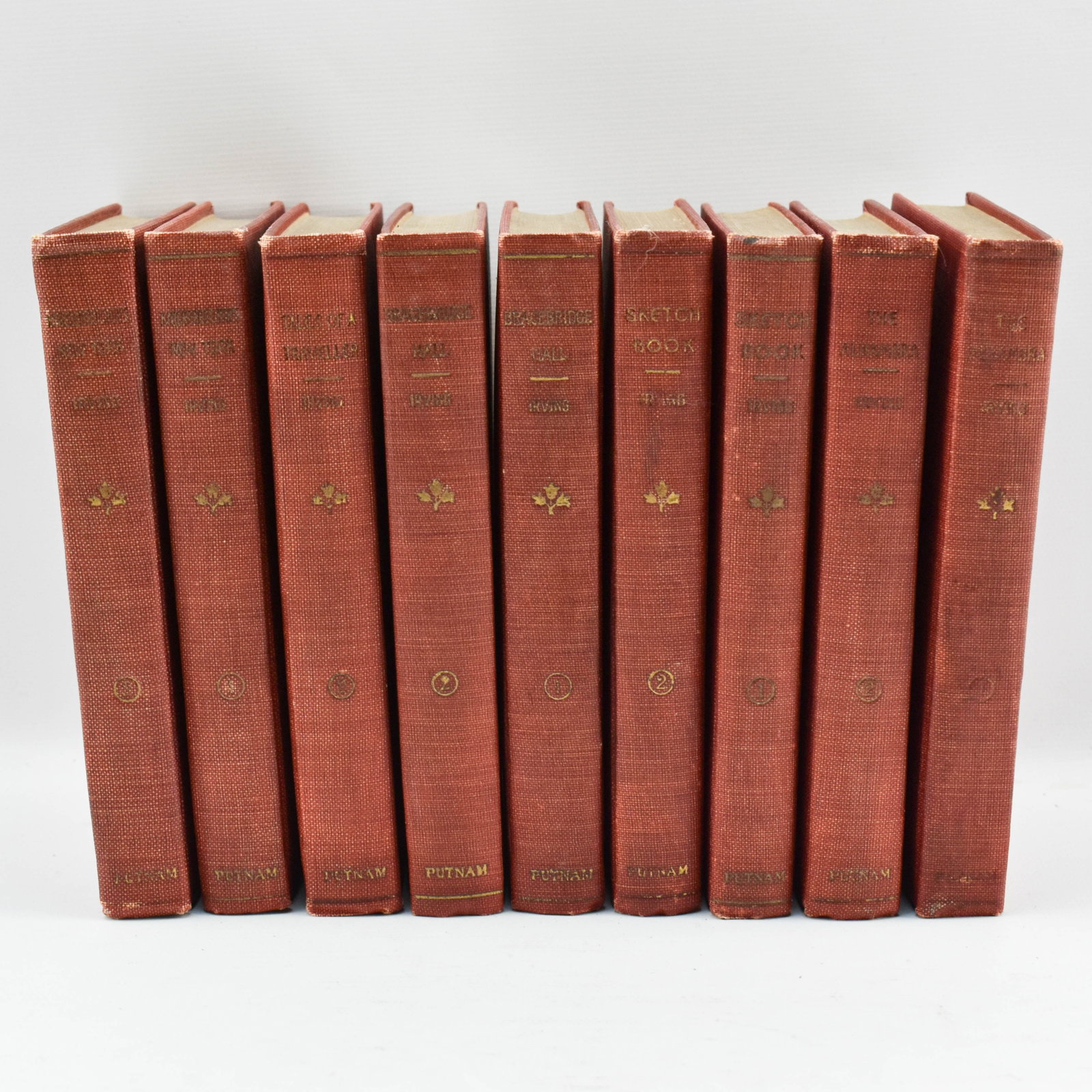 19th-Century Washington Irving Pocket Collection, Nine Volumes: Antique nine-volume collection of Washington Irving's work in pocket-size editions published by Knickerbocker Press out of G. P. Putnam's Sons. Includes The Alhambra in two volumes, Knickerbocker's Hi