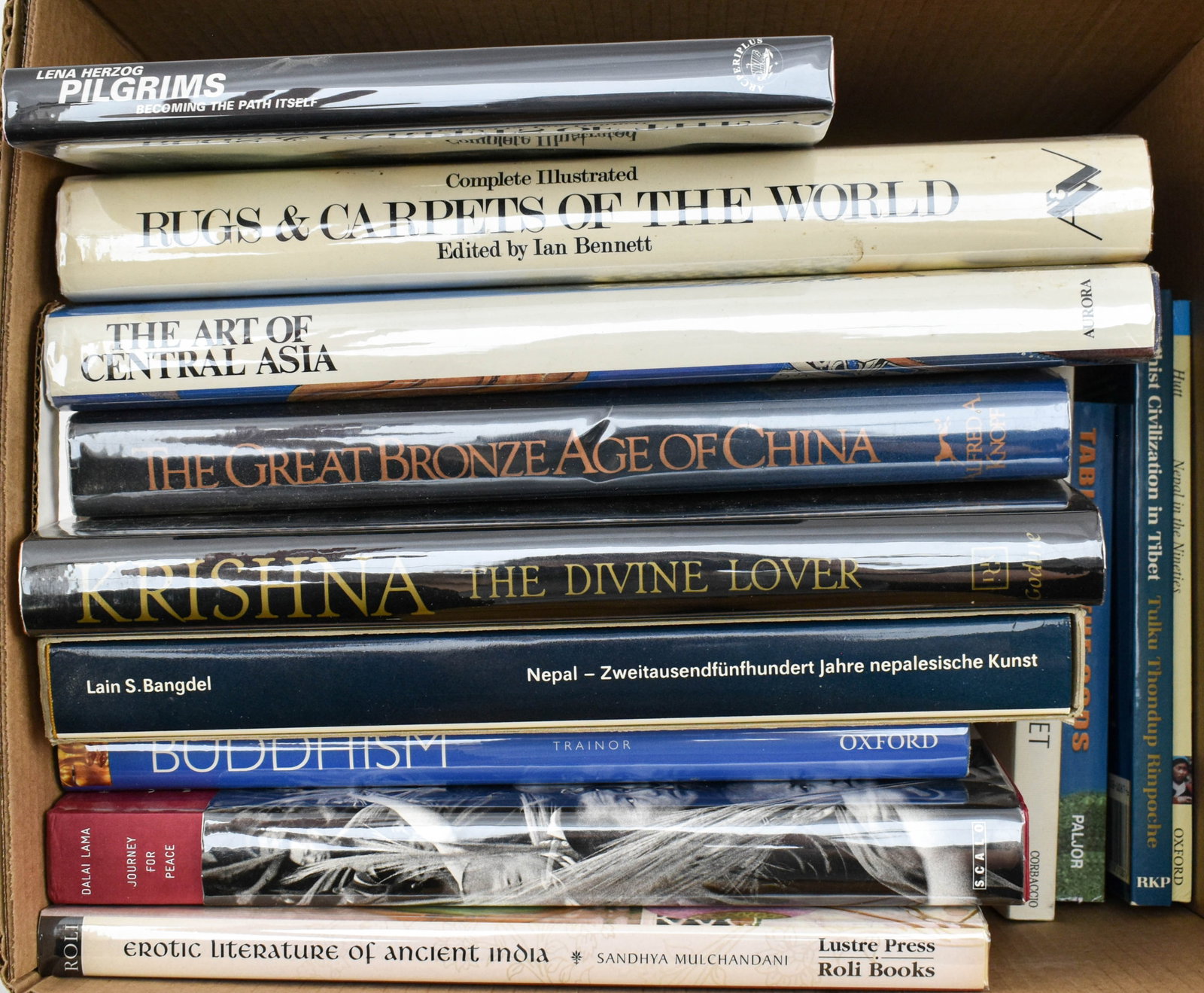 13 Misc. Books on Asian Art, History, & Literature: Lot of 13 texts on Asian art, history, and literature, including: The Art of Central Asia by Galina Pugachenkova and Akbar Khakimov, Rugs & Carpets of the World edited by Ian Bennett, The Great Bronze