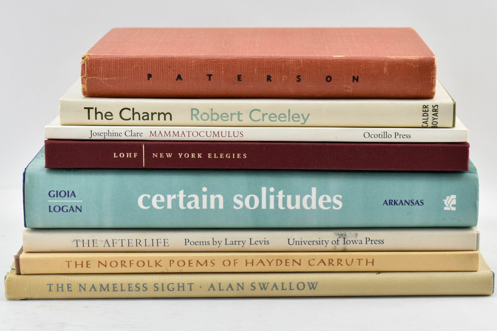 Eight Vintage and Rare Poetry Books: Eight poetry and poetry-related books including The Norfolk Poems of Hayden Carruth (Prairie Press, 1962), The Nameless Sight: Poems 1937-1956 by Alan Swallow (Prairie Press, 1956), The Charm: Early a