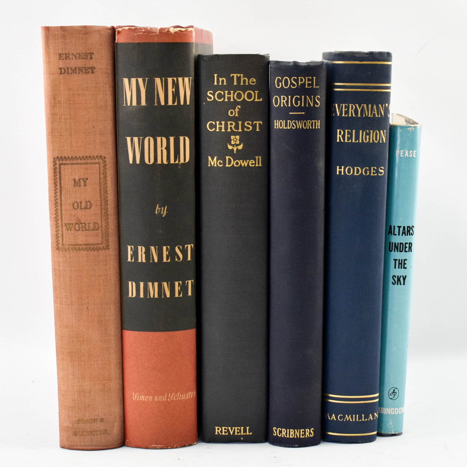 Six Antique and First Edition Religious Books: Six hardcover religious books including My Old World by Ernest Dimnet (Simon and Schuster, 1935, possibly first edition), My New World by Ernest Dimnet (Simon and Schuster, 1937, possibly first editio