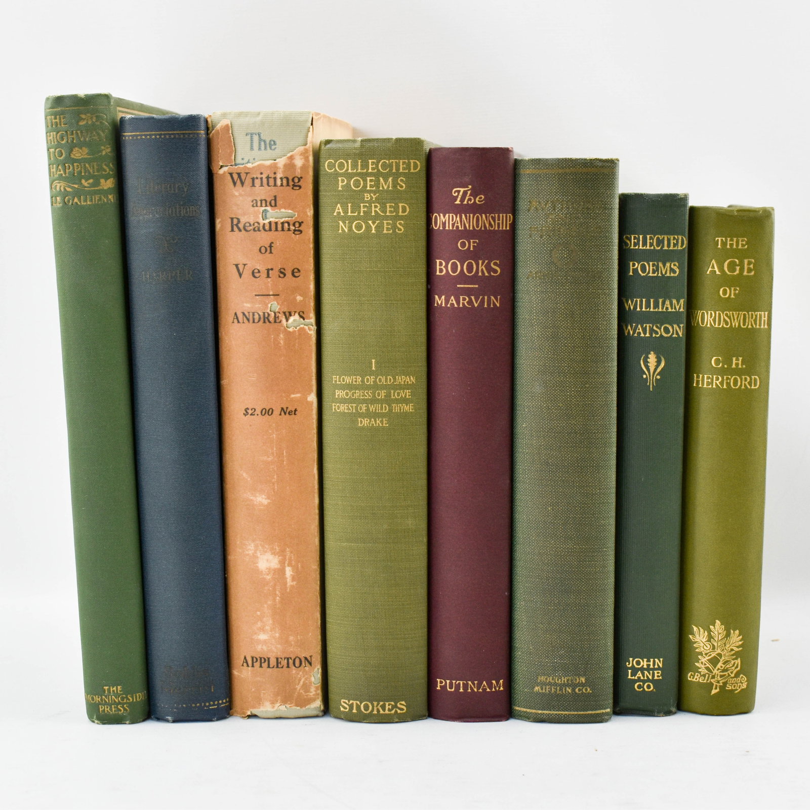 Eight Antique and First Edition Literature Books: Eight hardcover books discussing and anthologizing both literature and poetry including The Writing and Reading of Verse by C. E. Andrews (D. Appleton and Company, 1918, possibly first edition), The C