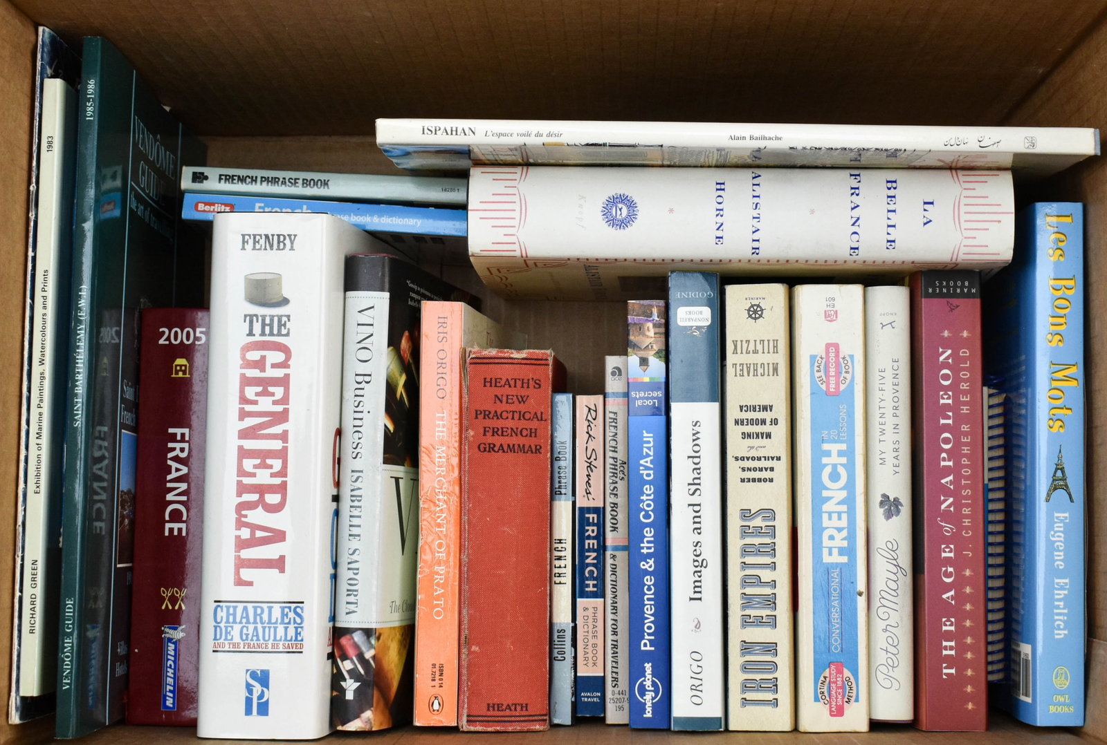 Box of Books on France: Box of books about French culture, geography, and history alongside several books in the French language. Includes La Belle France: A Short History by Alistair Horne (Alfred A. Knopf, 2005 first Ameri