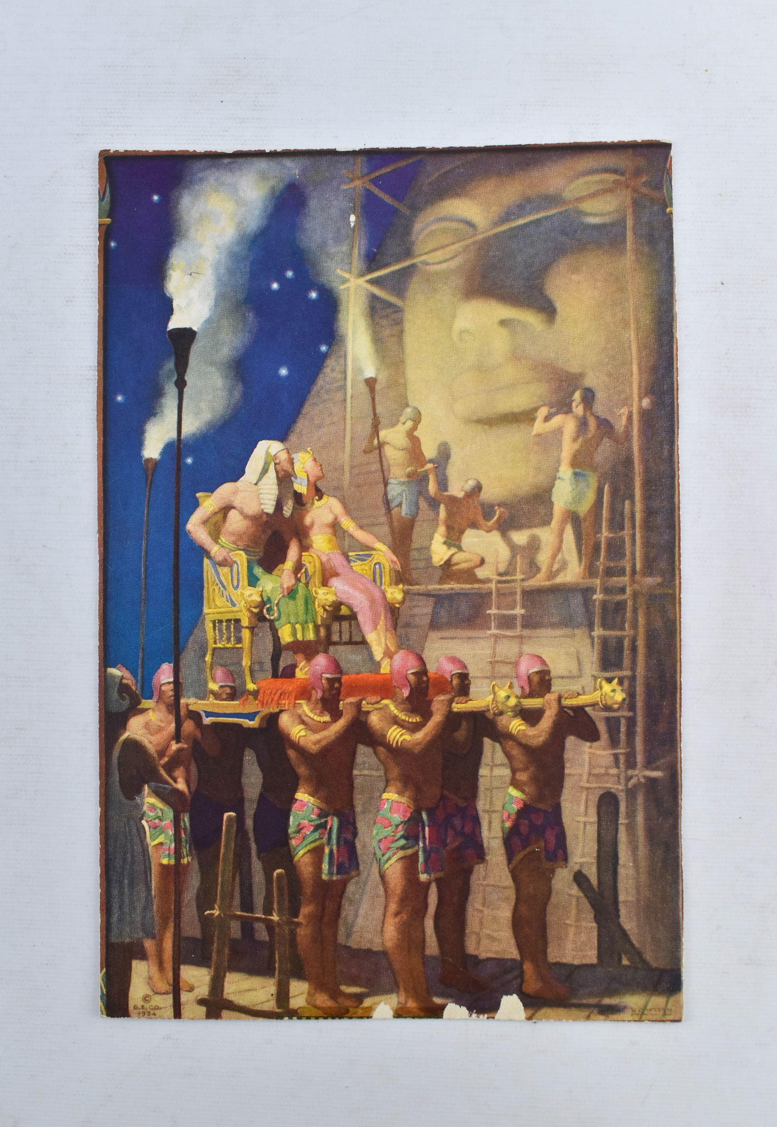Print of Carvers of the Sphinx by N. C. Wyeth: 10.5 x 6.75 print on thin cardboard of American painter and illustrator Newell Convers Wyeth's 1926 Egypt-inspired painting, Carvers of the Sphinx. Enclosed in a protective envelope with a transparent