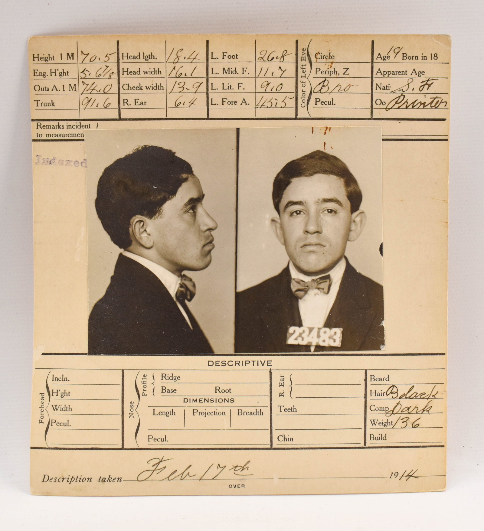 Antique San Francisco Mug Shot, 1914: 4.75 x 3.75 mug shot photograph on a 6 x 5.5 paper card from the San Francisco Police Department's Bureau of Identification. Details are filled out by hand including the date (February 17, 1914), subj