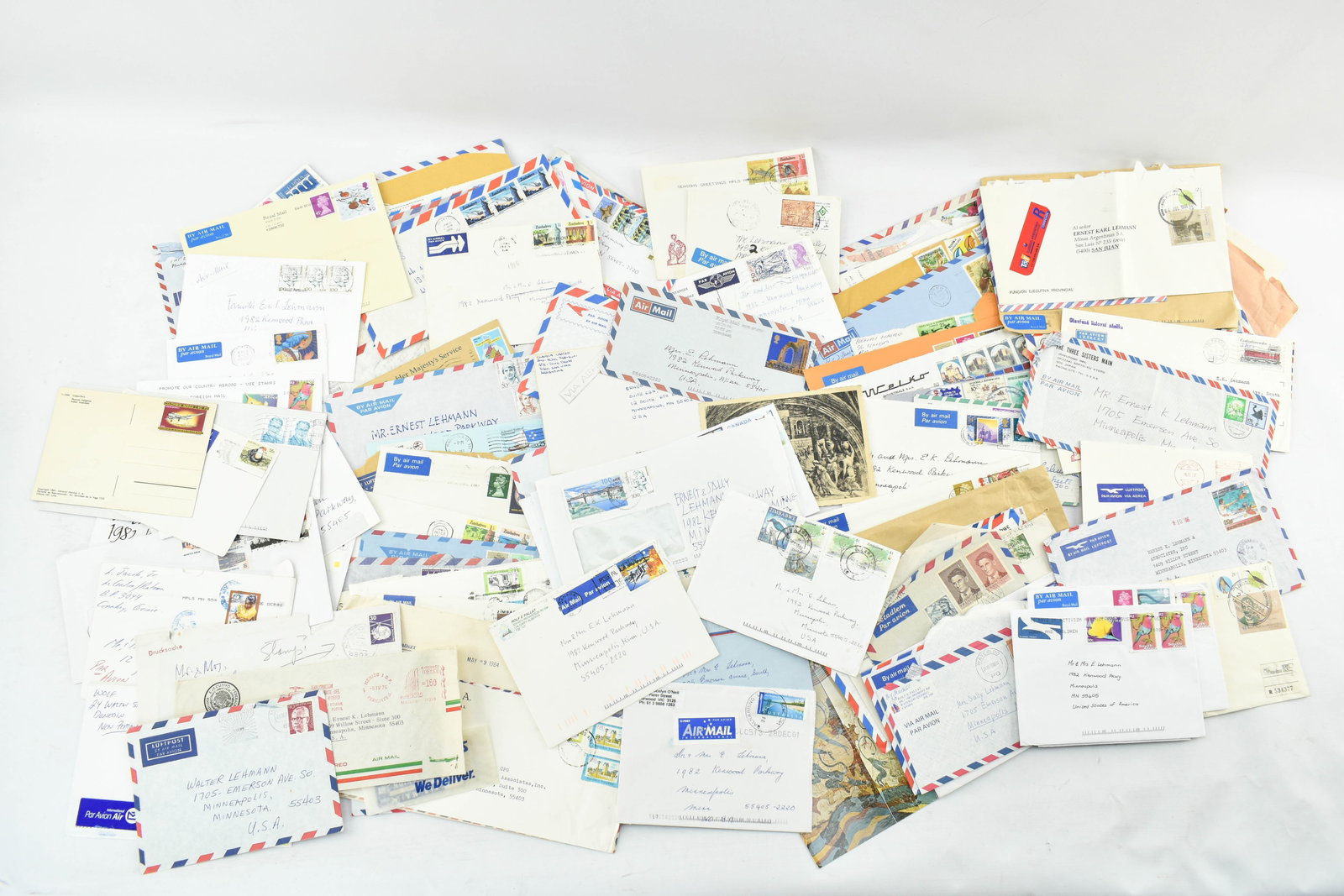 Large Group Vintage International Air Mail Envelopes, Postcards, & Unused Airmail Labels (1 of 10)