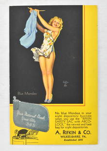 Vintage 'Blue Monday' Earl Moran Pin-Up Postcard: Vintage 5.5 x 3.5 postcard featuring a piece of pin-up art titled Blue Monday by artist Earl Moran. Includes an advertisement for A. Rifkin and Co. beneath the artwork and stamped Texas Bank and Trust