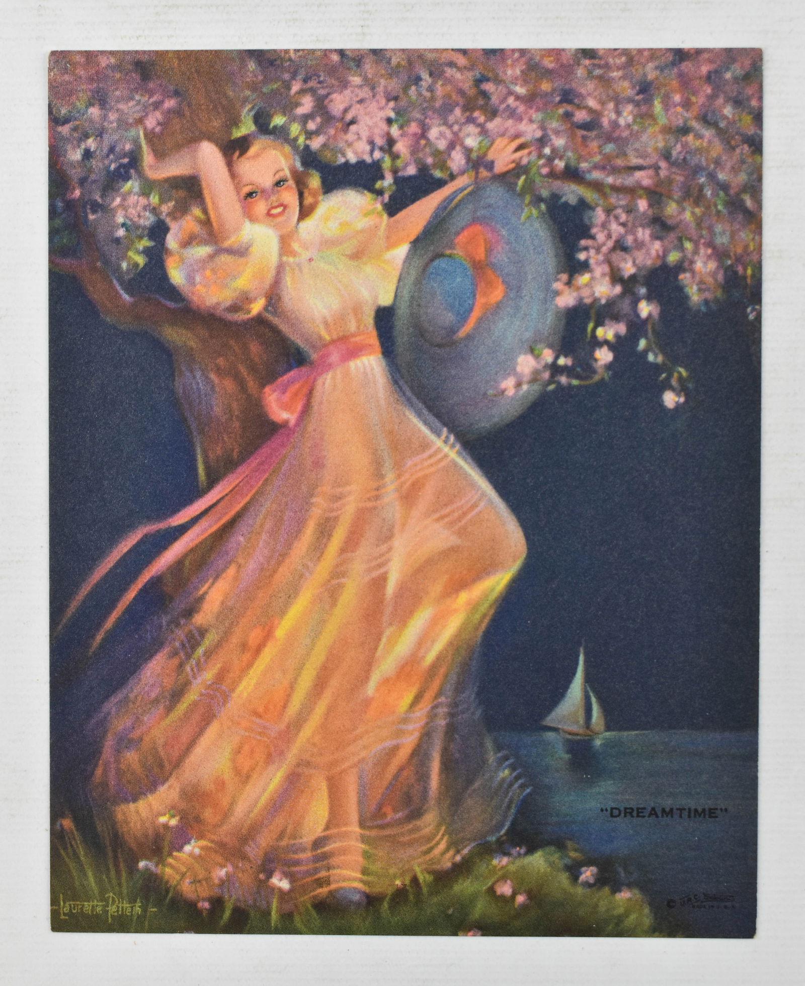 Vintage 'Dreamtime' Calendar Girl Print: Vintage 6.25 x 5 print of a young woman reclining against a tree in a translucent dress titled Dreamtime. Copyrighted in the lower right corner. Possibly Laurette Patten. Stamped 4124 on the verso.