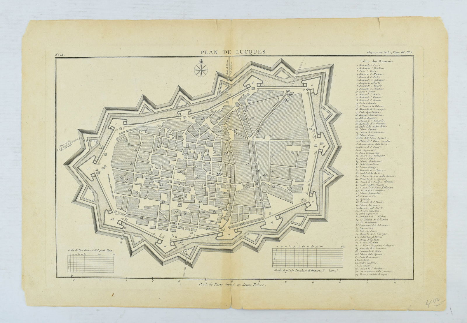 1790 Etching Plan of Lucca (Lucqua) Italy: Copper engraving depicting a plan of Lucca, Italy. Published byJerome de Lalande, Paris, ca. 1790