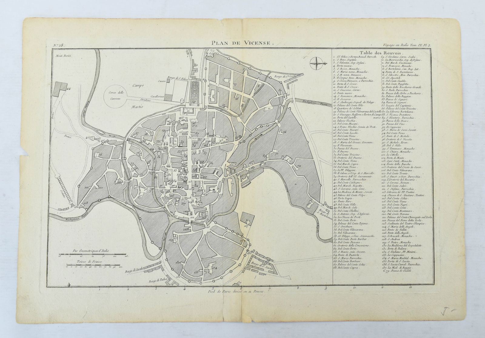 1790 Etching Plan of Vicenza (Vicense) Italy: Copper engraving depicting a plan of Lucca, Italy. Published byJerome de Lalande, Paris, ca. 1790