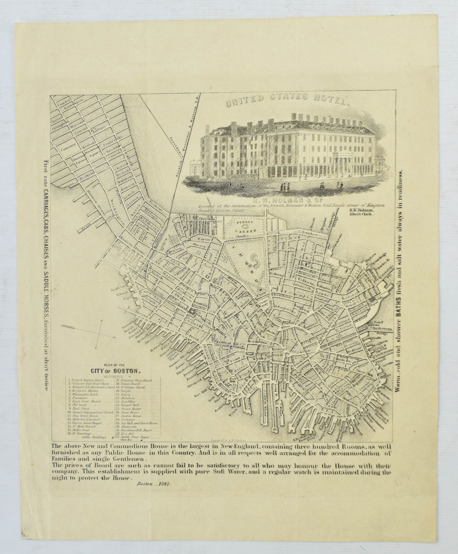 1842 Broadside for the United States Hotel in Boston: Engraving depicting a map of the city of Boston. An advertisement for the United States Hotel at the corner of Kingston, Beach, and Lincoln Streets. By George W. Boynton, published 1842.