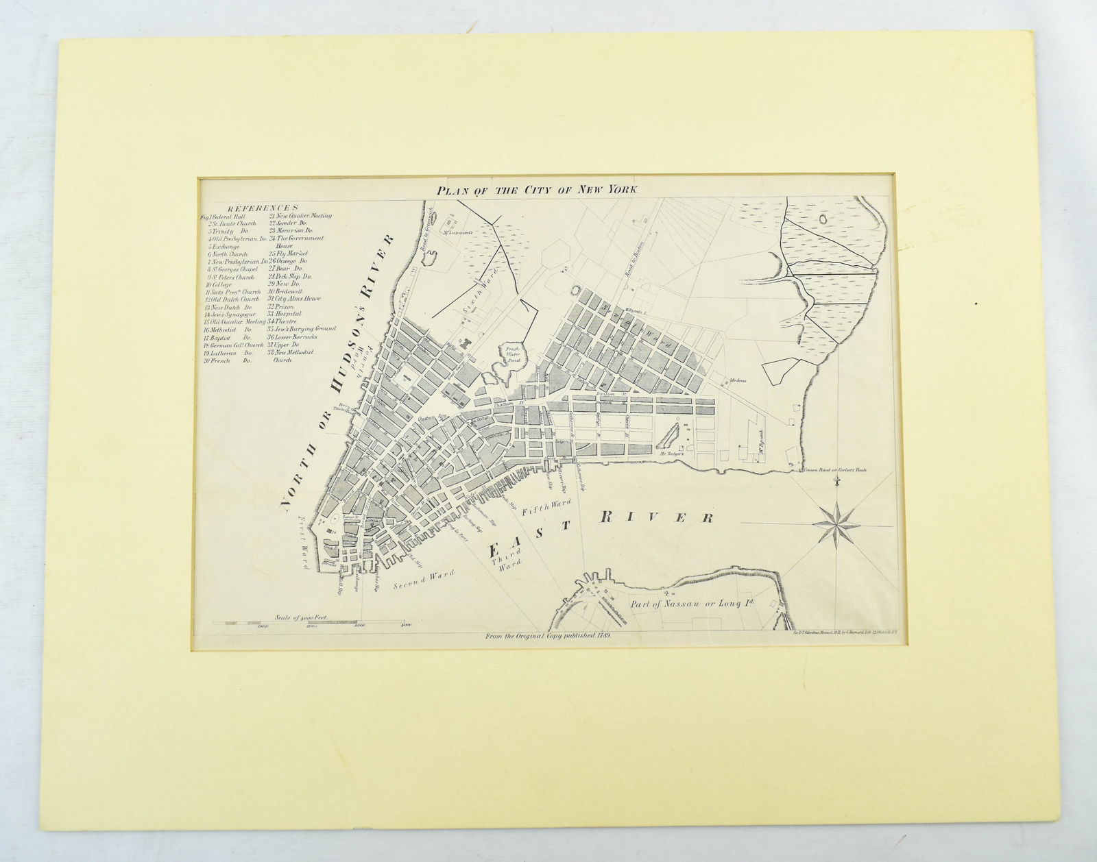 1857 Map of the City of New York: Engraving depicting a plan of the city of New York. An 1857 copy from the 1789 original map. Depicting the First through Fifth wards as well as the Long Island. Published by G. Hayward for D.T. Valent