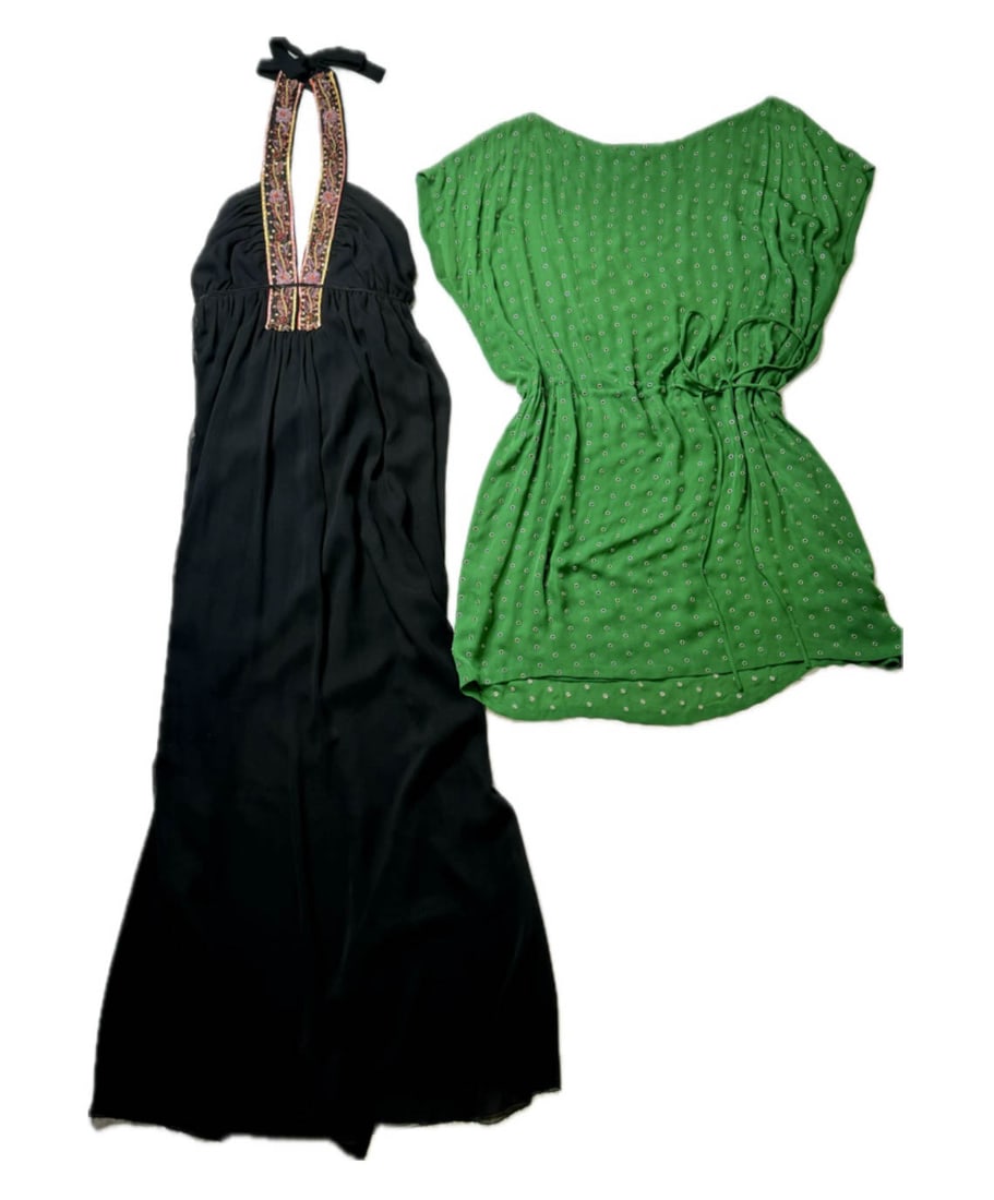 Two Size 10 Dresses, Allen Schwartz and Robert Rodriguez: Includes a black A.B.S. by Allen Schwartz dress with an embroidered tie and a green Robert Rodriguez shirt dress with metal rivet details. Both are U.S. women's size 10. Dimensions describe the Robert