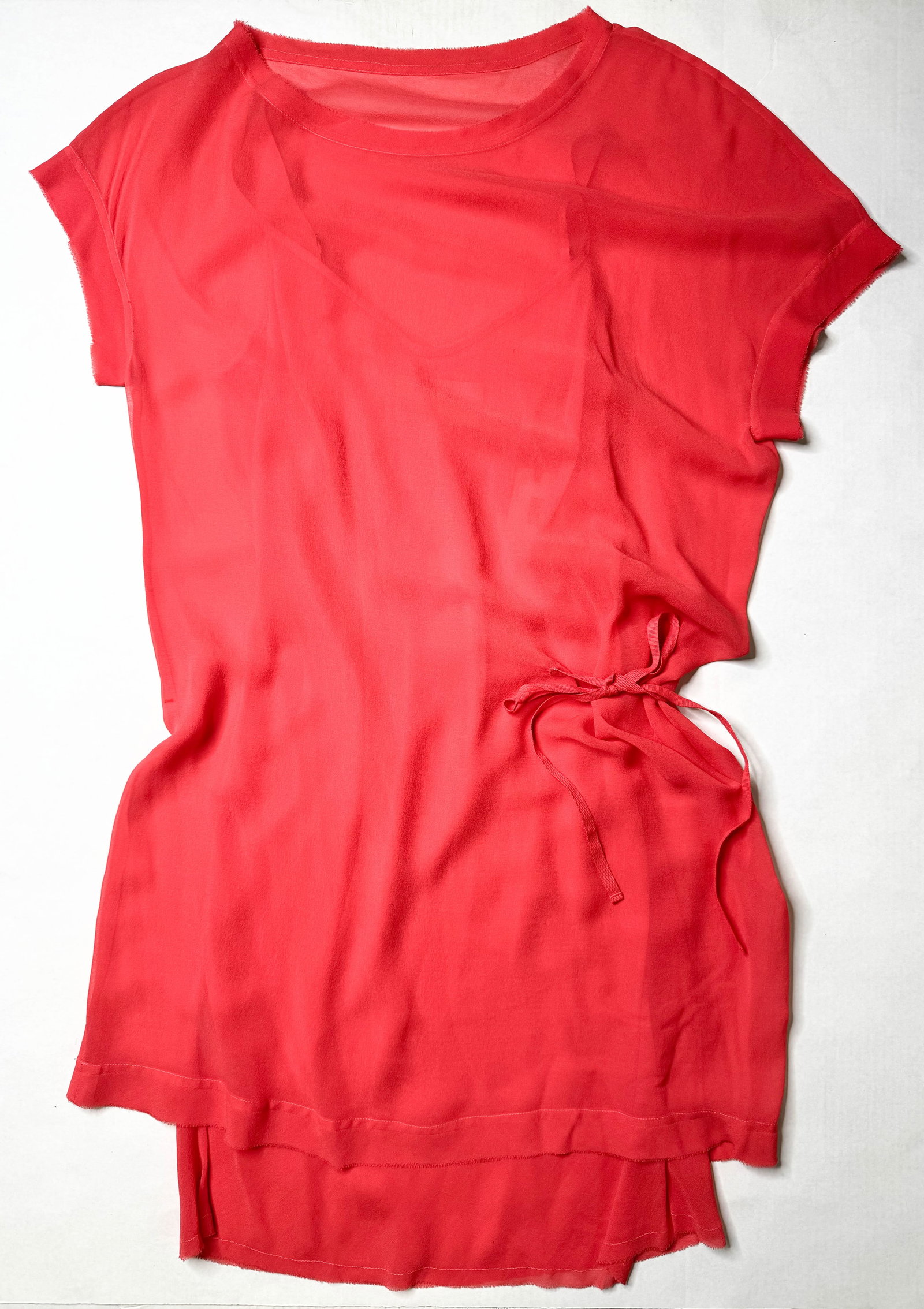 Brochu Walker Transparent Silk Dress and Slip: Matching set with a transparent coral shirt dress with a cinch ribbon and an angled shift dress of the same color to wear beneath. Both were made of 100% silk by fashion design brand Brochu Walker. Ta