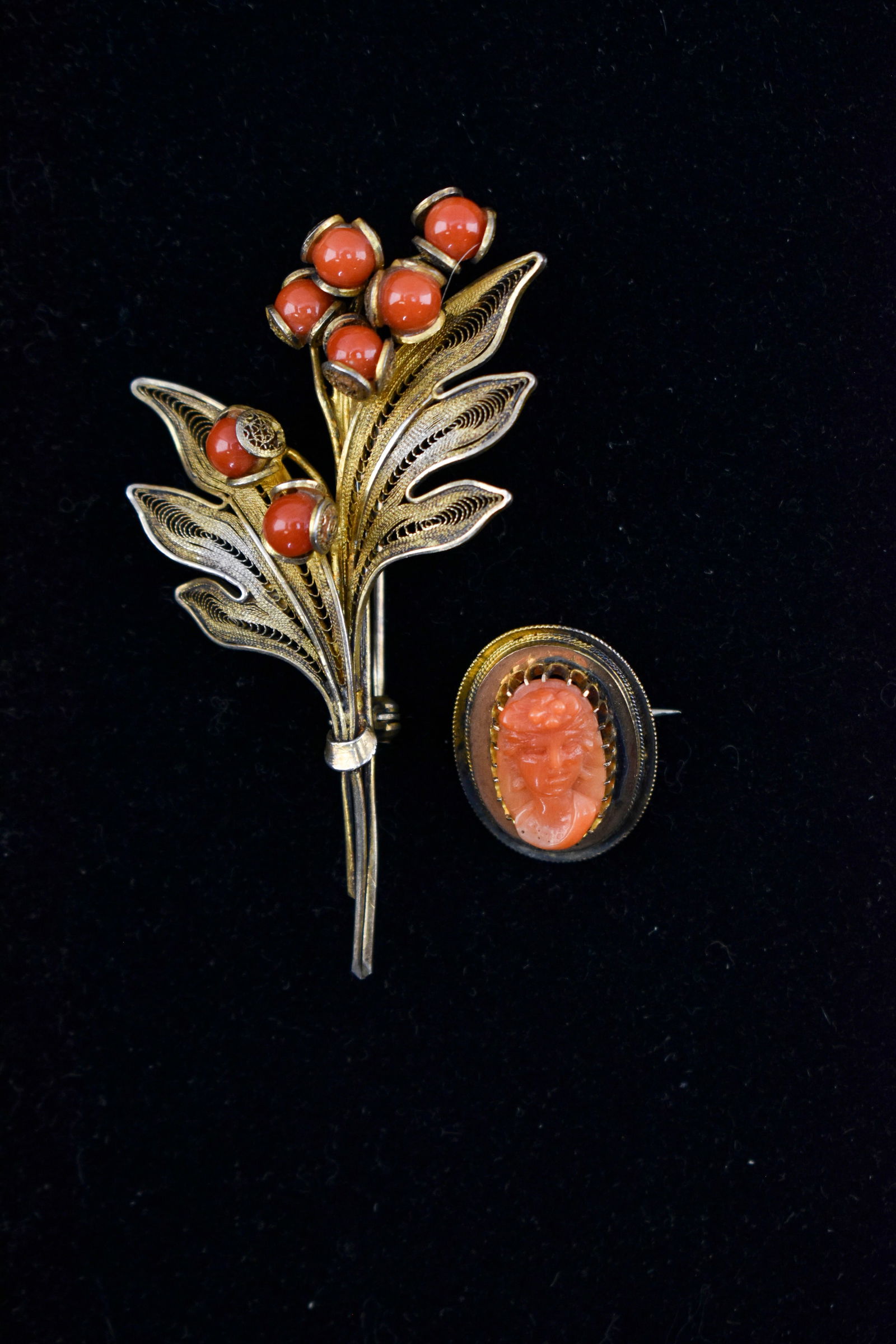 Antique Red Coral Gilded Silver Filigree & Coral Cameo Brooches (1 of 5)