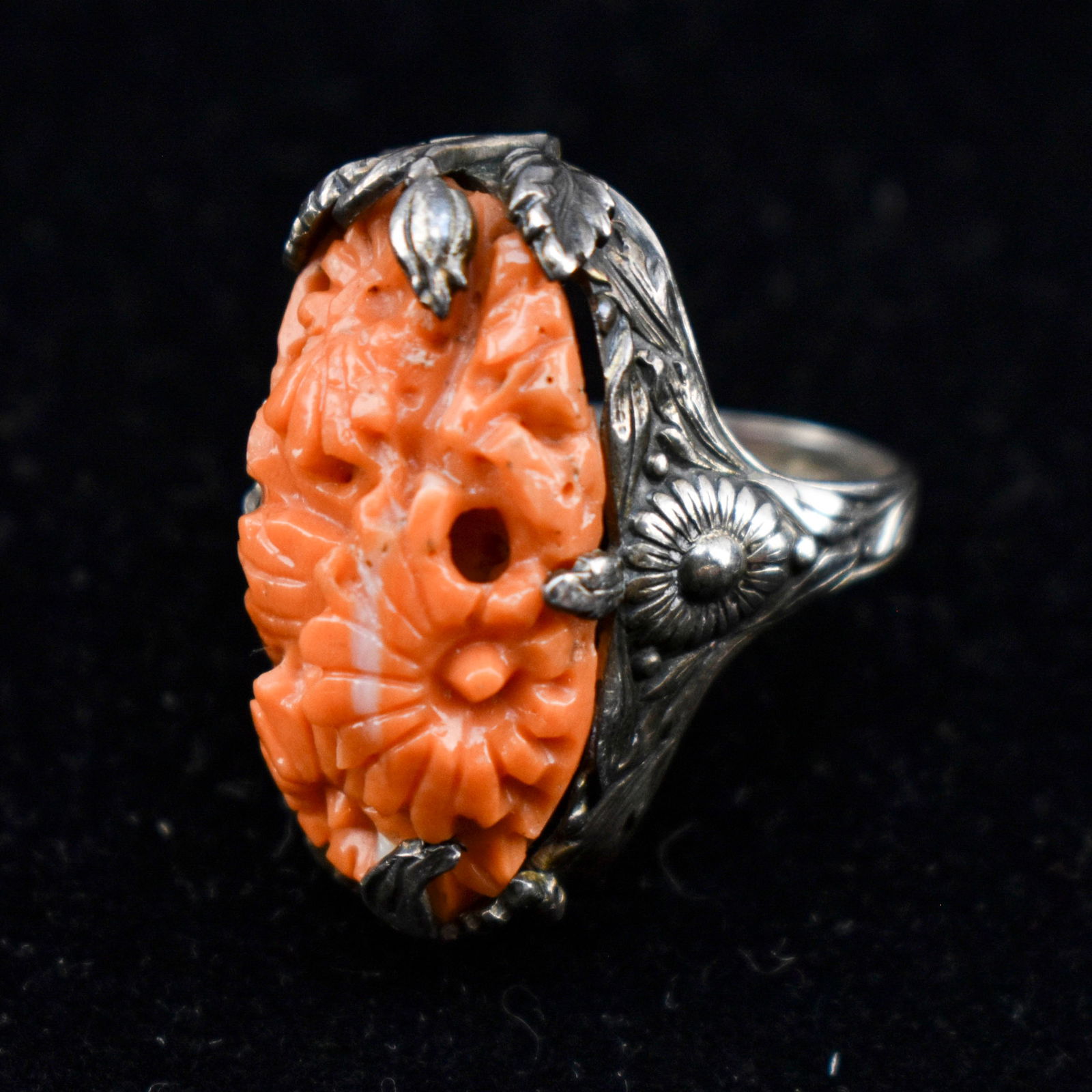 Vintage Art Nouveau Floral Sterling Silver & Carved Pink Coral Ring (1 of 5)