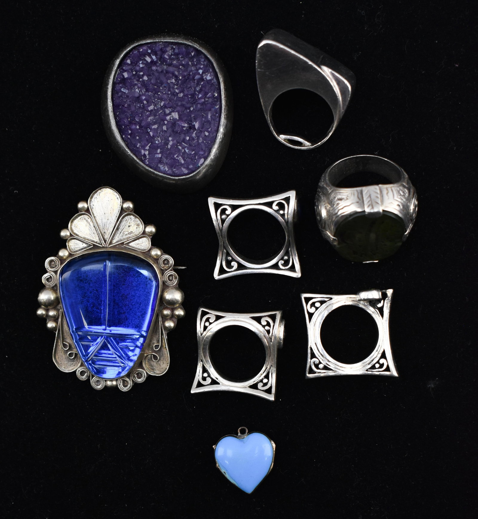 8 Jewelry Items Incl. Blue Scarab Brooch, Five Rings, Pendants (1 of 6)